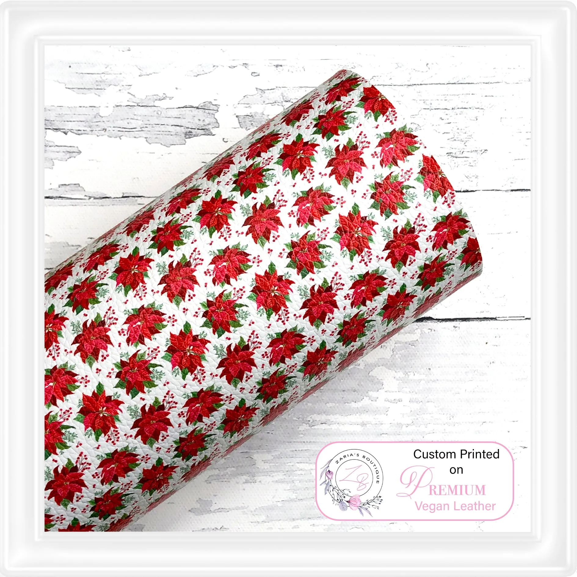 ⋅ Christmas Poinsettias ⋅ Luxe Vegan Faux Leather ⋅ Sheets or Rolls! ⋅