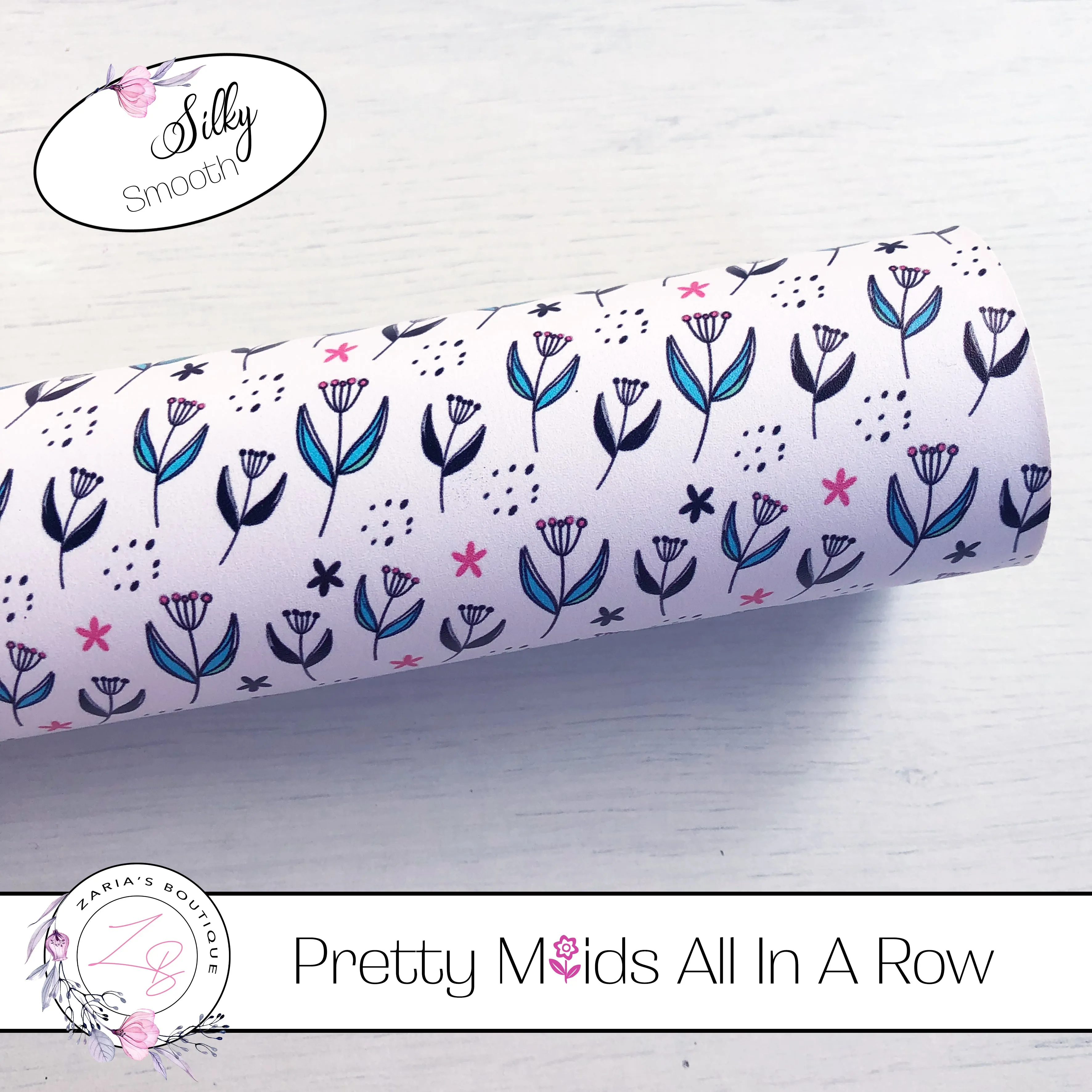 ⋅ Pretty Maids All In A Row ⋅ Black & White Floral Blue Pink Flowers ⋅ Vegan Faux Leather ⋅