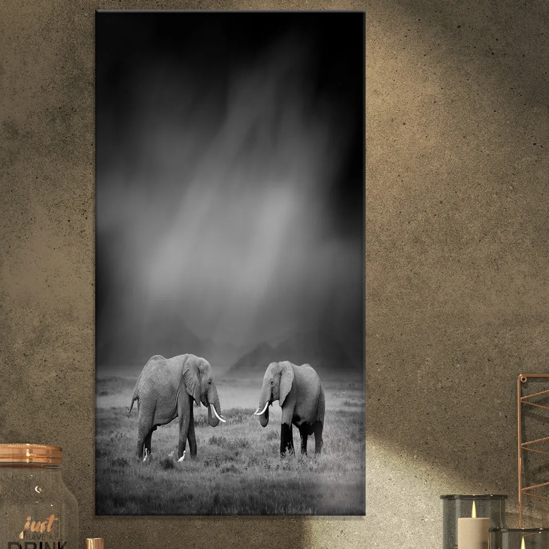 2 African Elephant in Dark Artwork' Graphic Art Print on Wrapped Canvas East Urban Home Size: 32" H x 16" W x 1" D