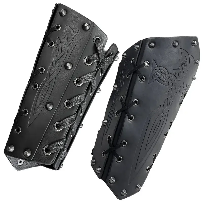 2 Pcs Medieval Embossed Arm Bracers, Retro Faux Leather Knight Arm Gauntlets, Vintage Renaissance Arm Guards