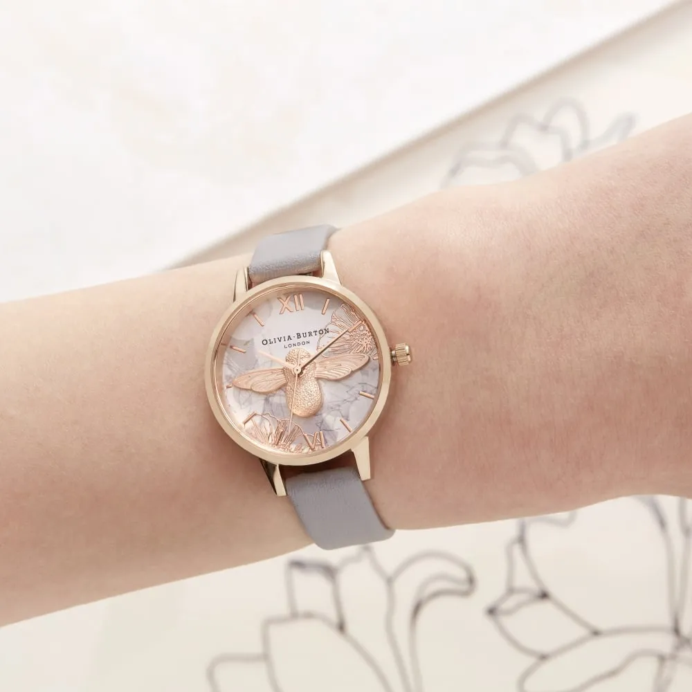 3D Bee Abstract Florals Midi Dial Grey Lilac and Rose Gold Watch