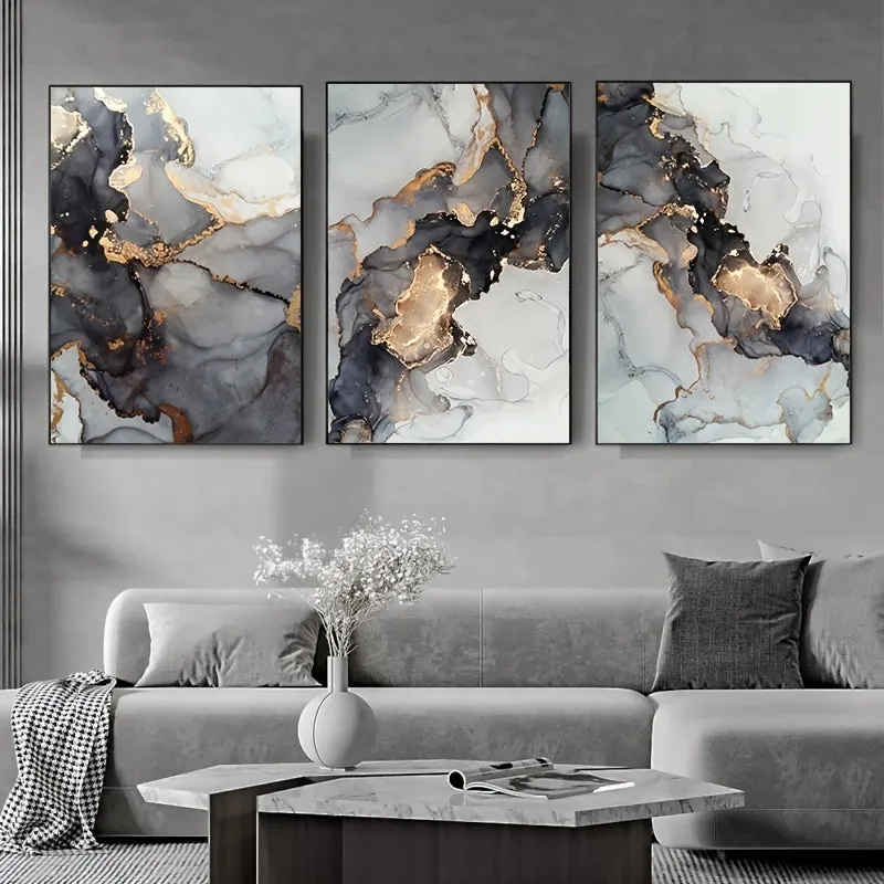 3pcs Golden Black Marble Canvas Painting Wall Art Picture