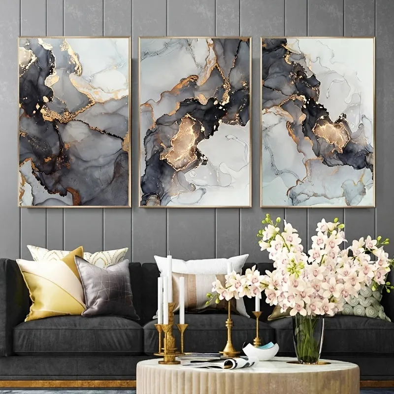 3pcs Golden Black Marble Canvas Painting Wall Art Picture