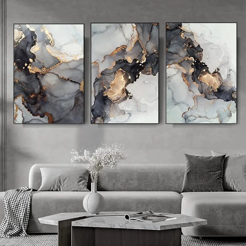 3pcs Golden Black Marble Canvas Painting Wall Art Picture