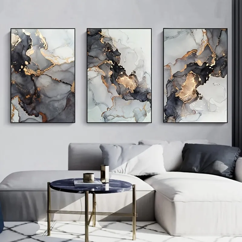 3pcs Golden Black Marble Canvas Painting Wall Art Picture