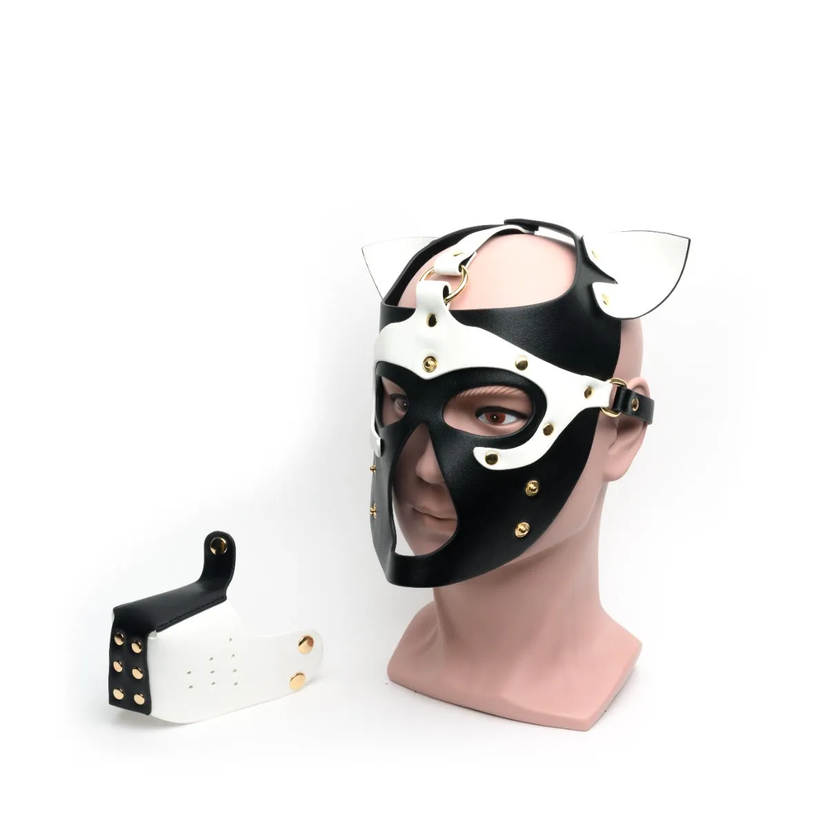 665 - Bondage Puppy Play Hood - PU Leer - One Size - Zwart/Wit