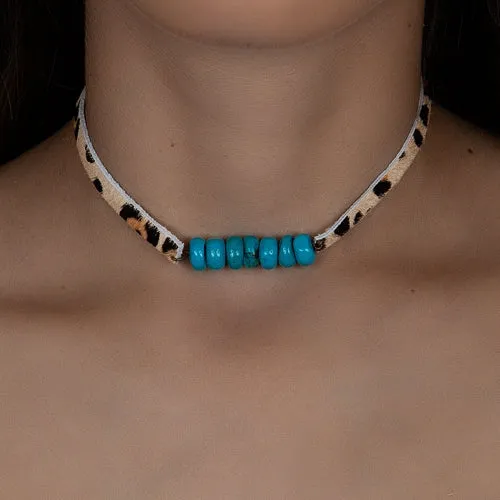 72697 - Faux Leather and Squash Blossom Necklace - Leopard