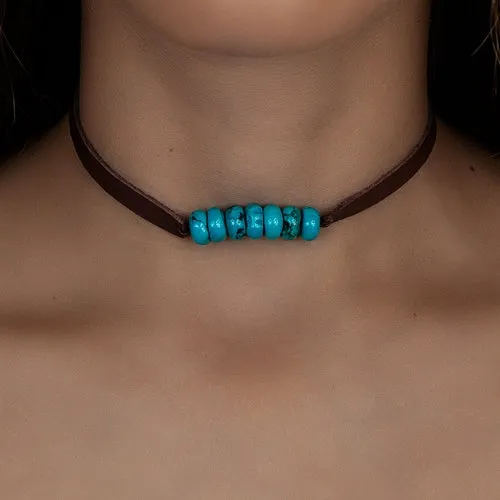72697 - Faux Leather and Squash Blossom Necklace - Turquoise Brown