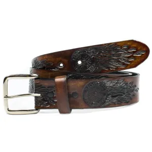 A250  1 1/2" Antique Finish Belt- Flaming Wheel