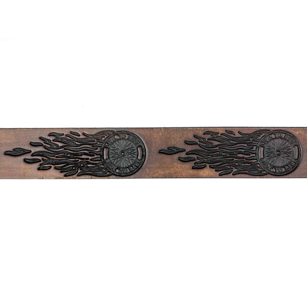 A250  1 1/2" Antique Finish Belt- Flaming Wheel