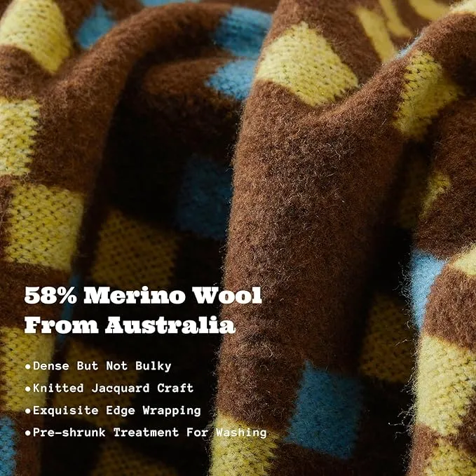 ACUSHLA Merino Wool Blanket - Soft Warm Thick Washable Large Throw Blanket for Camping Bed Couch Outdoor Travel All Weather, Mosaic Plaid 79X63