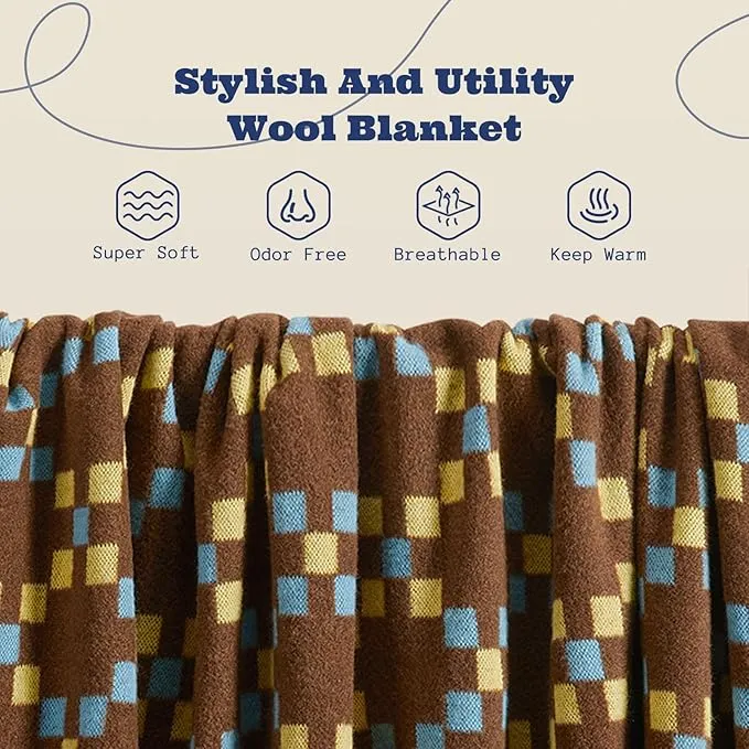 ACUSHLA Merino Wool Blanket - Soft Warm Thick Washable Large Throw Blanket for Camping Bed Couch Outdoor Travel All Weather, Mosaic Plaid 79X63