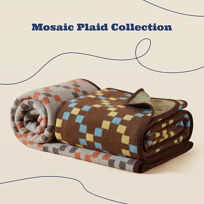 ACUSHLA Merino Wool Blanket - Soft Warm Thick Washable Large Throw Blanket for Camping Bed Couch Outdoor Travel All Weather, Mosaic Plaid 79X63