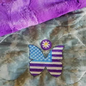 ACU/UCP Camo Pattern FreeFly Daisy Weighted Woobie Blanket with Pansy Purple Faux Fur