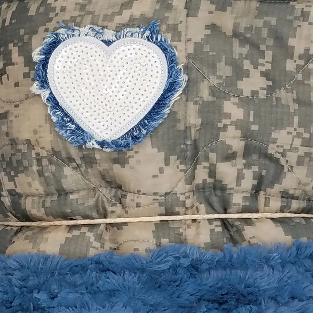 ACU/UCP Camo Pattern Sequin Fringed Heart Chambray Fur Woobie Weighted Blanket