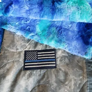 ACU/UCP Camo Pattern Thin Blue Line Flag Weighted Woobie Blanket with TidalWave Faux Fur