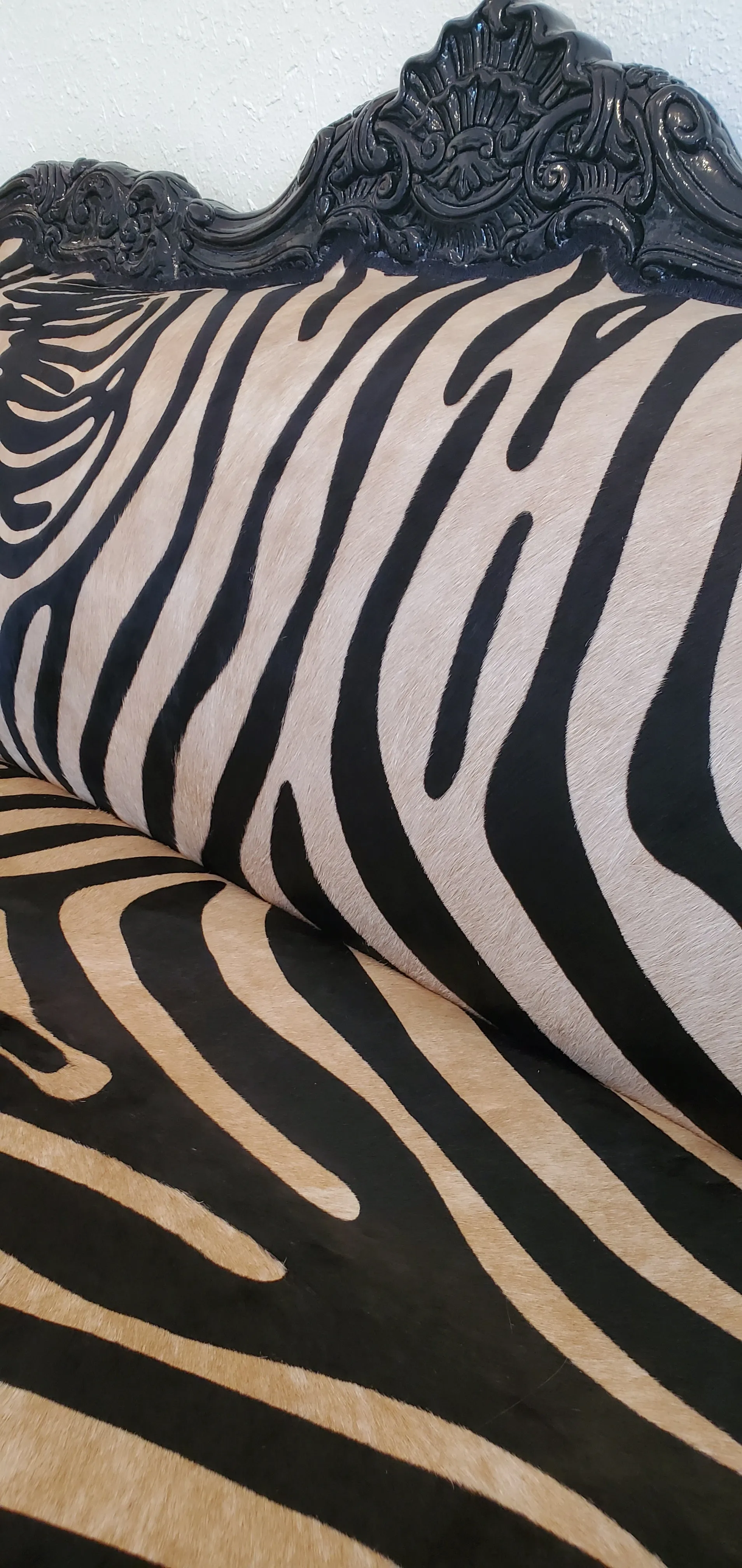 Antique Baroque Carved Sofa with Zebra Stamped Leather Upholstery
