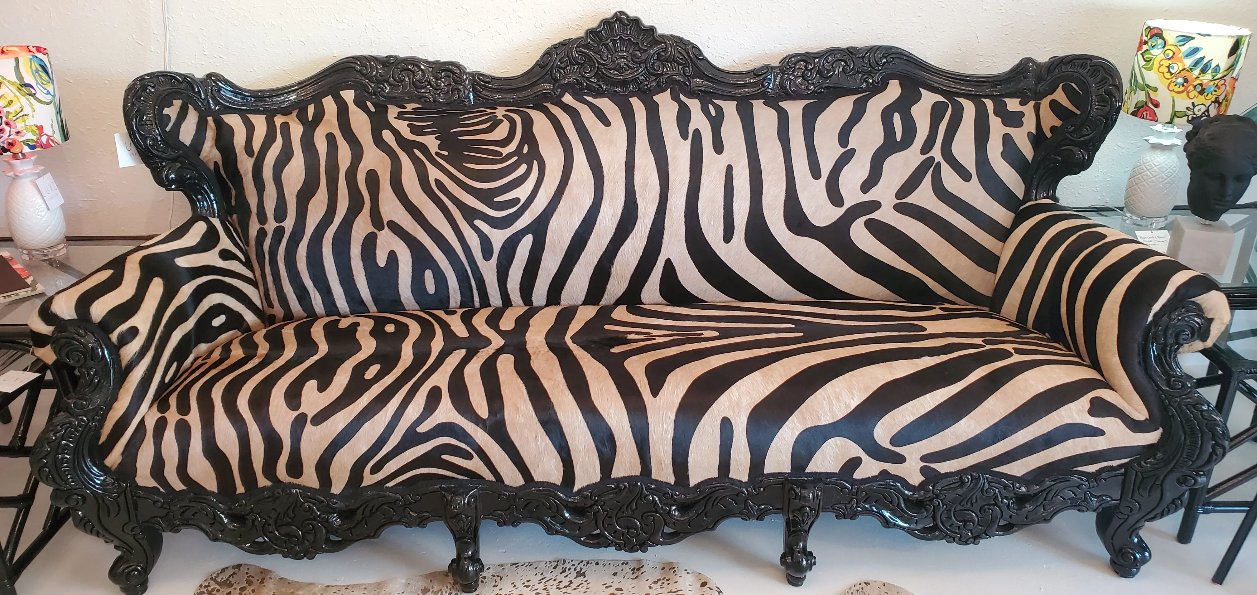 Antique Baroque Carved Sofa with Zebra Stamped Leather Upholstery