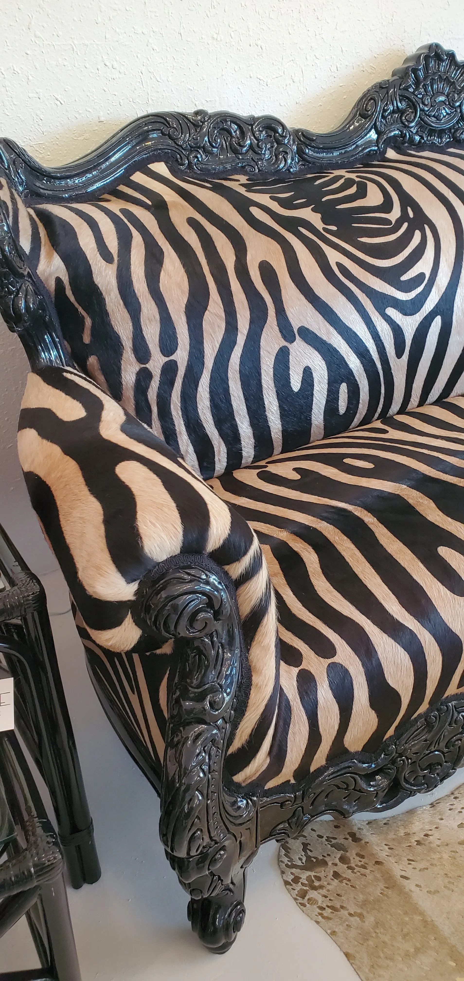 Antique Baroque Carved Sofa with Zebra Stamped Leather Upholstery