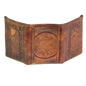 Antique Finish Tri-Fold Wallet- Aztec Calendar