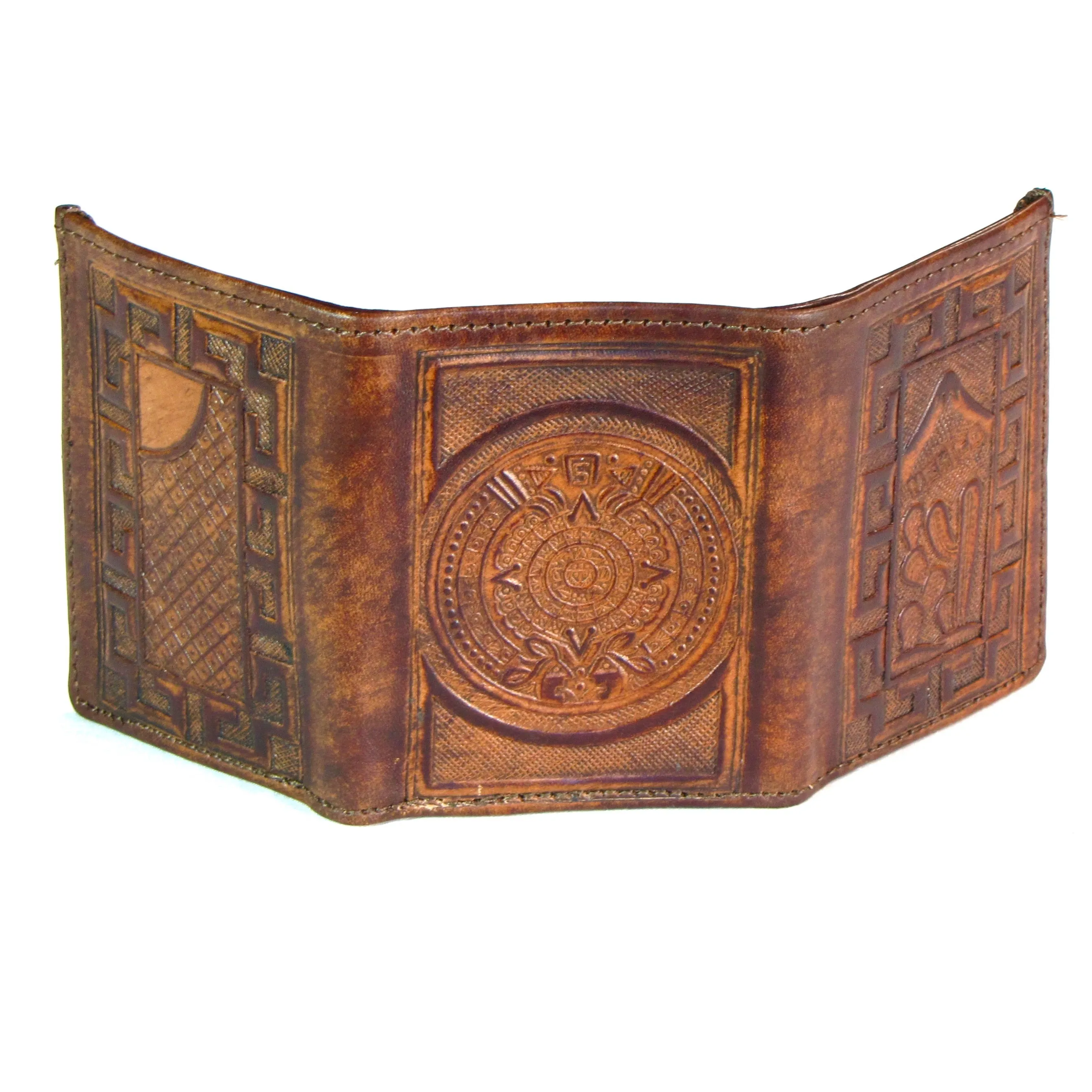 Antique Finish Tri-Fold Wallet- Aztec Calendar