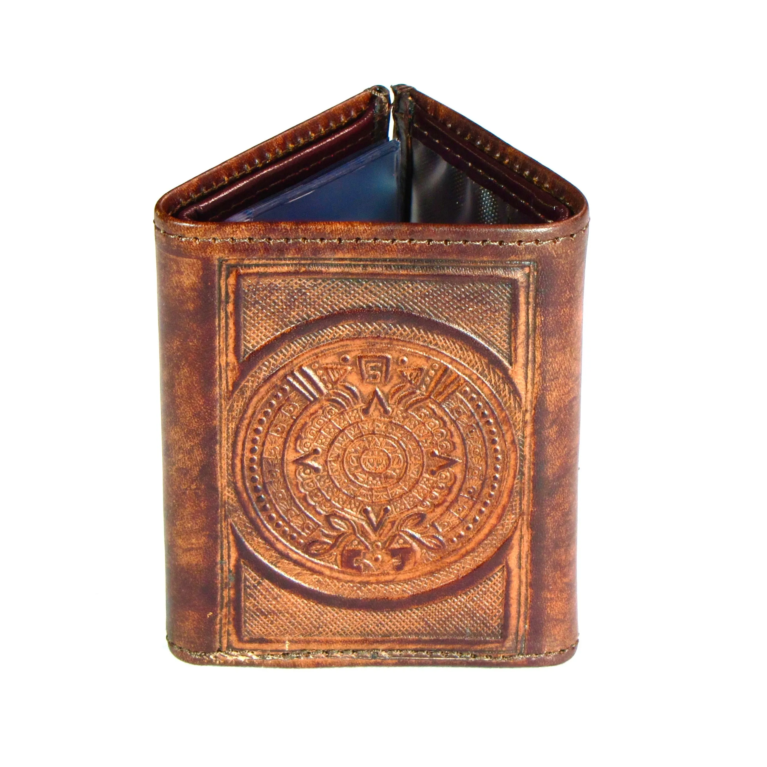 Antique Finish Tri-Fold Wallet- Aztec Calendar