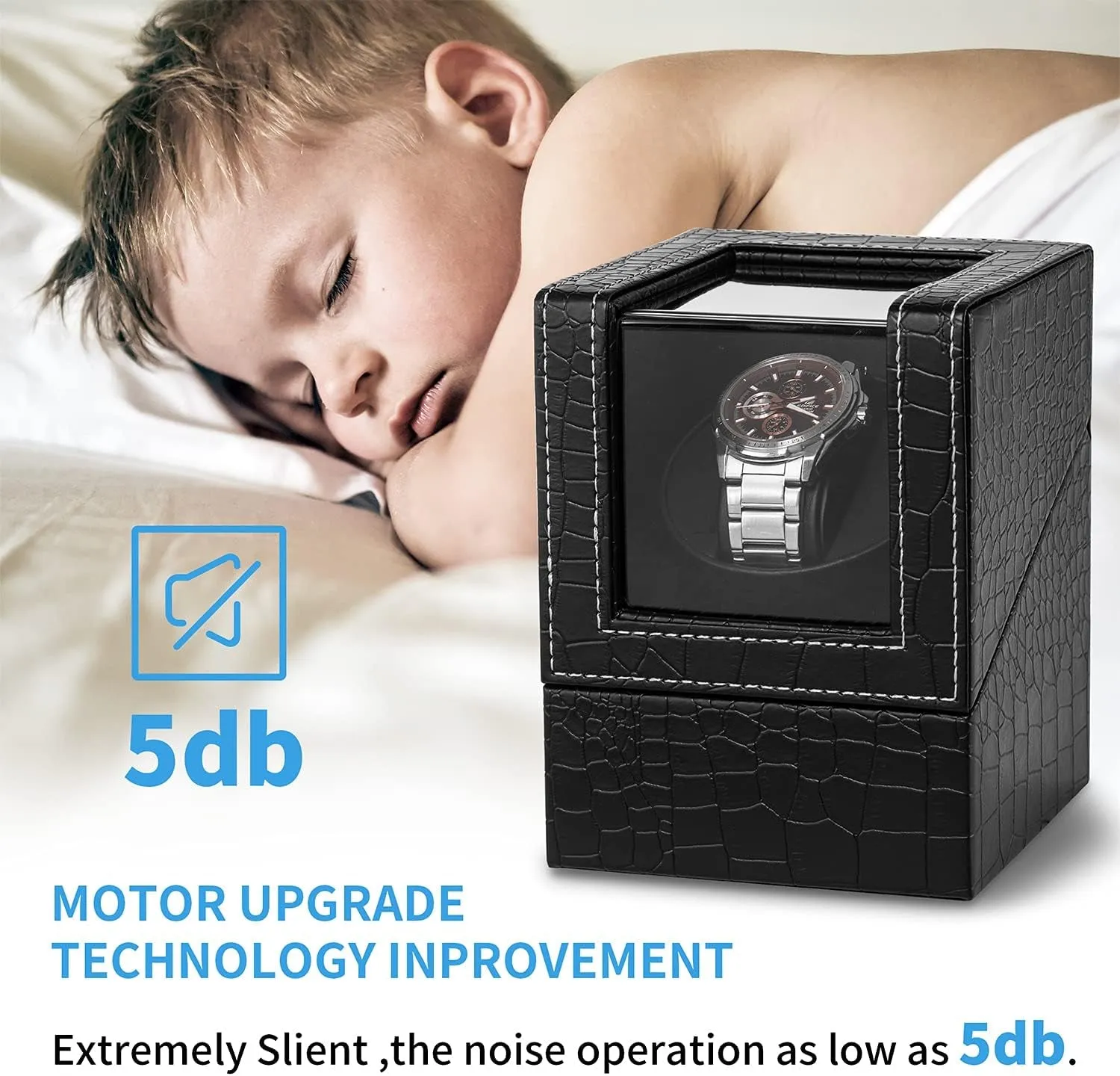 Automatic Single Watch Winder in Black Crocodile Pattern Leather with Quiet Motor, Dual Power Supply