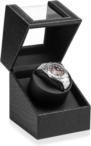 Automatic Single Watch Winder in Black Crocodile Pattern Leather with Quiet Motor, Dual Power Supply