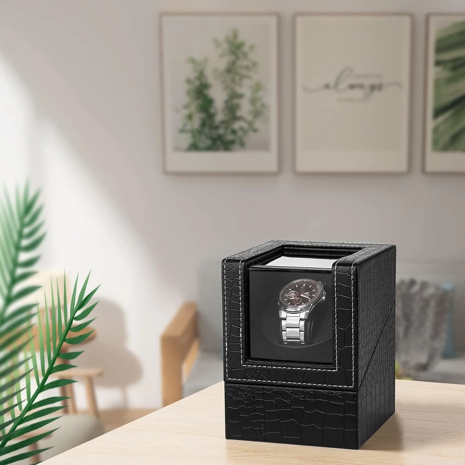 Automatic Single Watch Winder in Black Crocodile Pattern Leather with Quiet Motor, Dual Power Supply