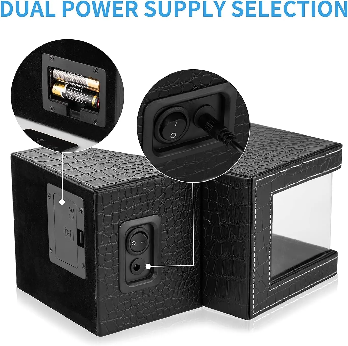 Automatic Single Watch Winder in Black Crocodile Pattern Leather with Quiet Motor, Dual Power Supply
