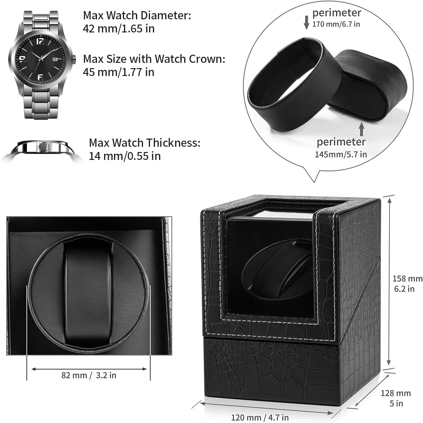 Automatic Single Watch Winder in Black Crocodile Pattern Leather with Quiet Motor, Dual Power Supply