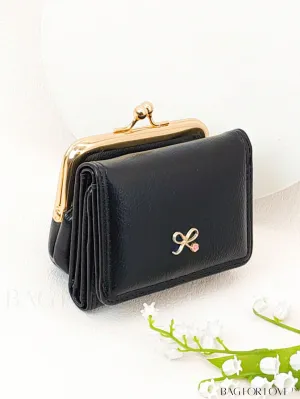 BagForLove - Chic Litchi Embossed Bow Small Wallet with Kiss Lock Closure - Fashionably Elegant PU