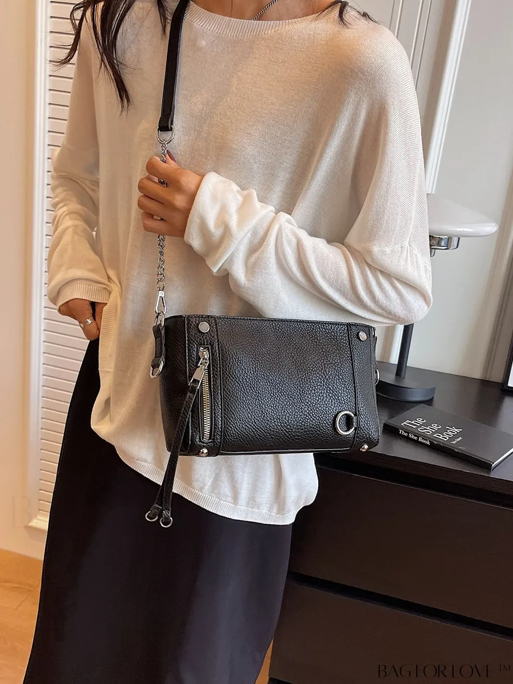 BagForLove - Chic Solid Color Lychee Embossed PU Womens Shoulder Bag: Fashionable and Elegant