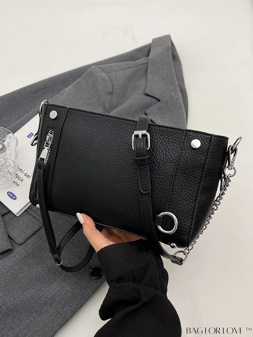 BagForLove - Chic Solid Color Lychee Embossed PU Womens Shoulder Bag: Fashionable and Elegant