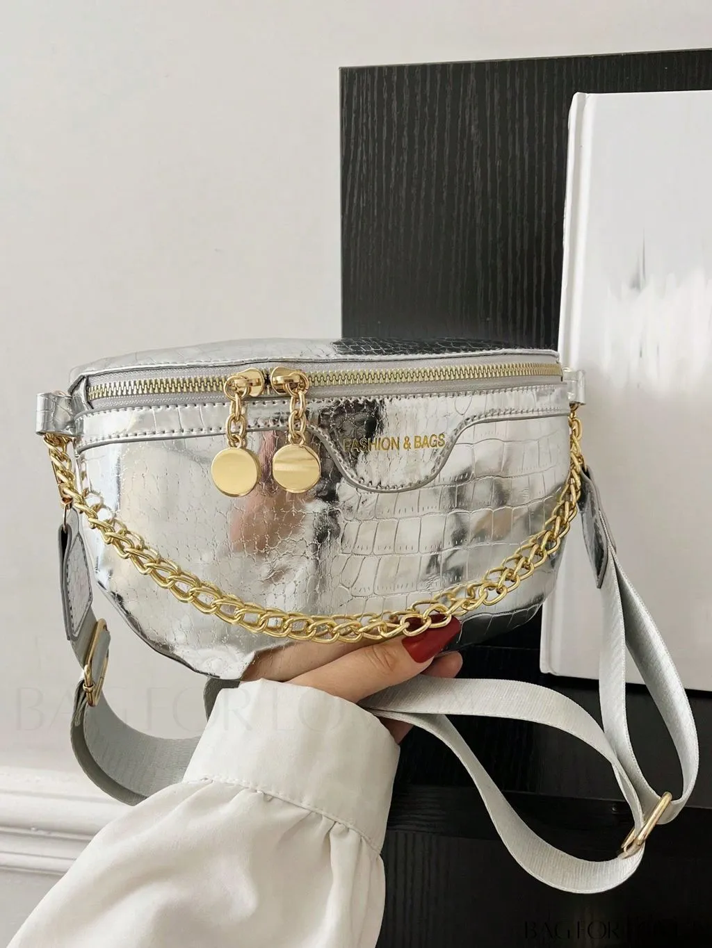 BagForLove - Compact Geometric Embossed Fanny Pack with Stylish Letter Graphic and Chain Detail