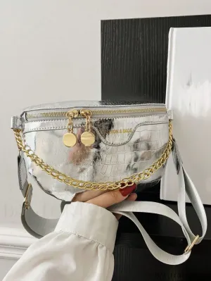 BagForLove - Compact Geometric Embossed Fanny Pack with Stylish Letter Graphic and Chain Detail