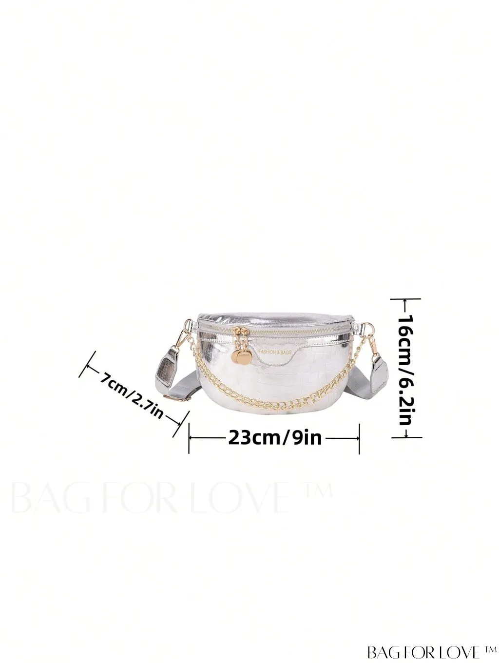 BagForLove - Compact Geometric Embossed Fanny Pack with Stylish Letter Graphic and Chain Detail