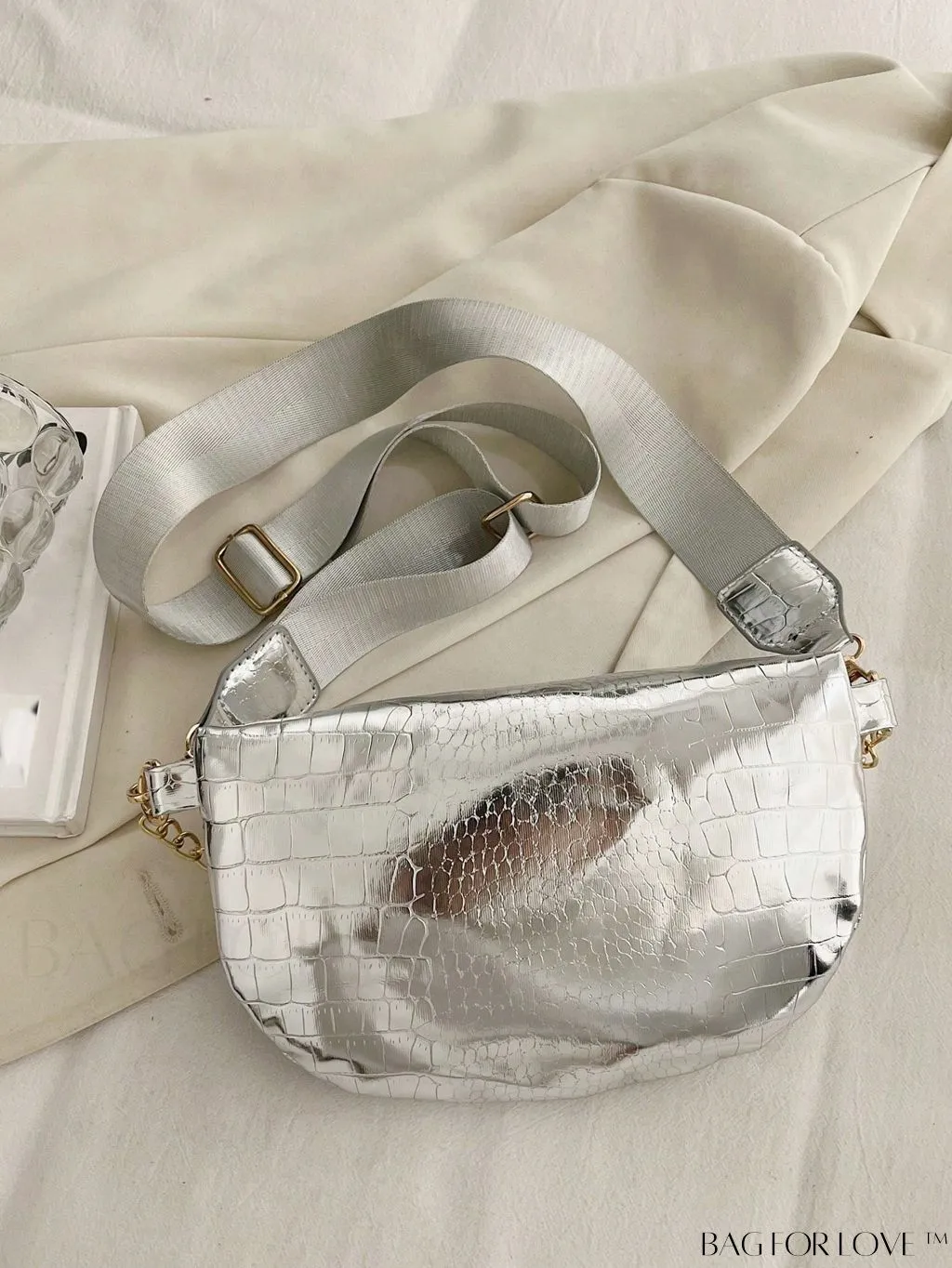 BagForLove - Compact Geometric Embossed Fanny Pack with Stylish Letter Graphic and Chain Detail