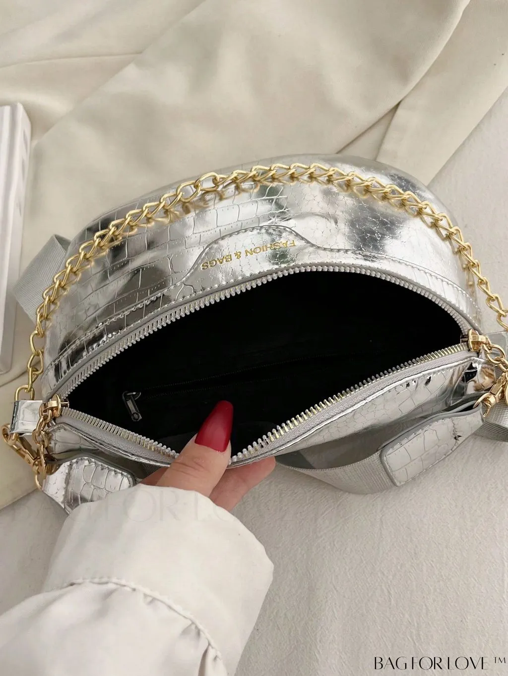 BagForLove - Compact Geometric Embossed Fanny Pack with Stylish Letter Graphic and Chain Detail