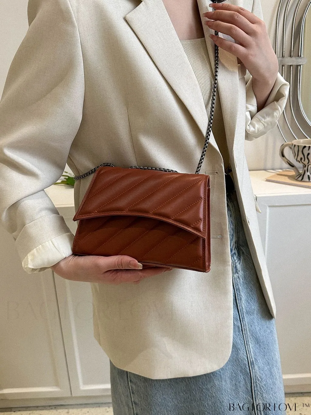 BagForLove - Embossed PU Leather Womens Shoulder Bag with Chain Strap