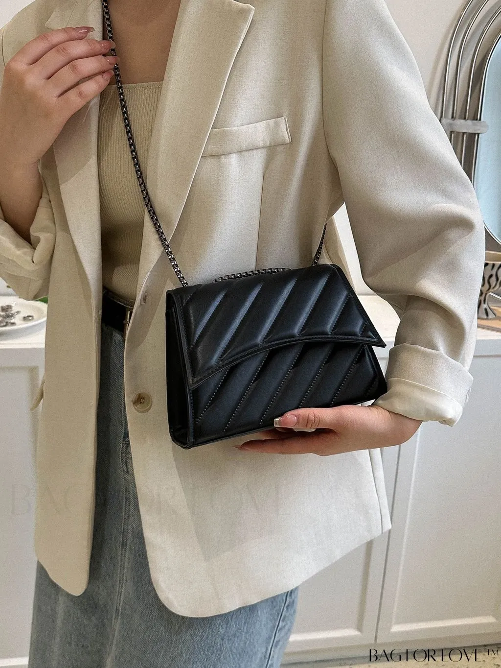 BagForLove - Embossed PU Leather Womens Shoulder Bag with Chain Strap