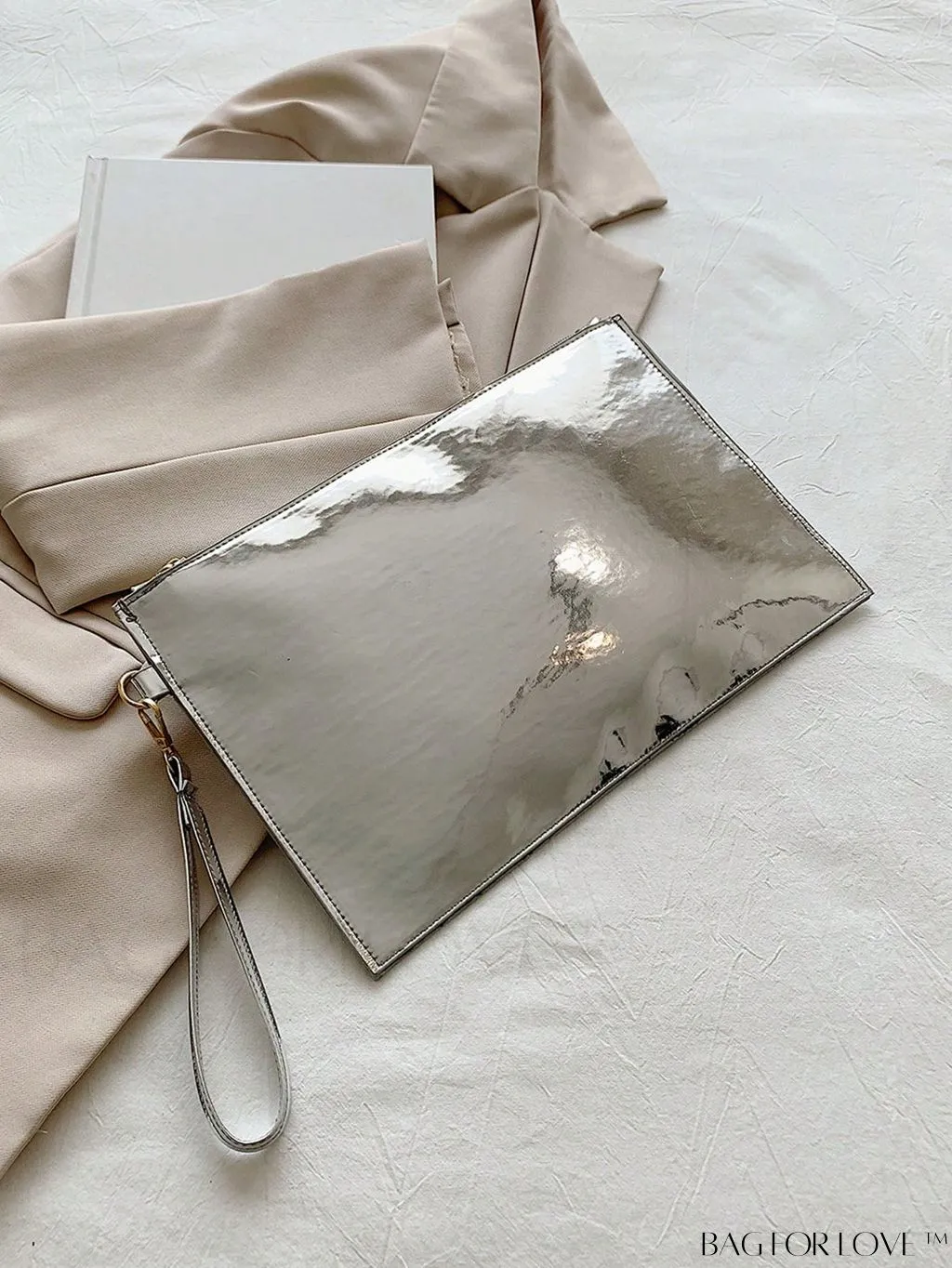 BagForLove - Geometric Embossed Metallic Clutch with Metal Decor and Zipper Closure