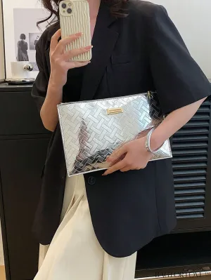 BagForLove - Geometric Embossed Metallic Clutch with Metal Decor and Zipper Closure