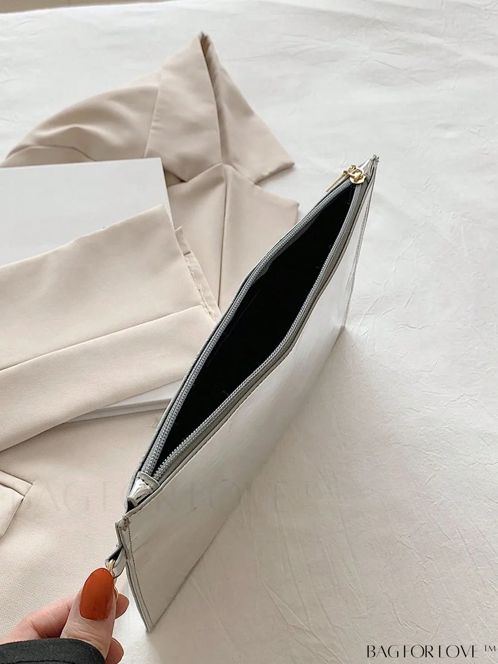 BagForLove - Geometric Embossed Metallic Clutch with Metal Decor and Zipper Closure