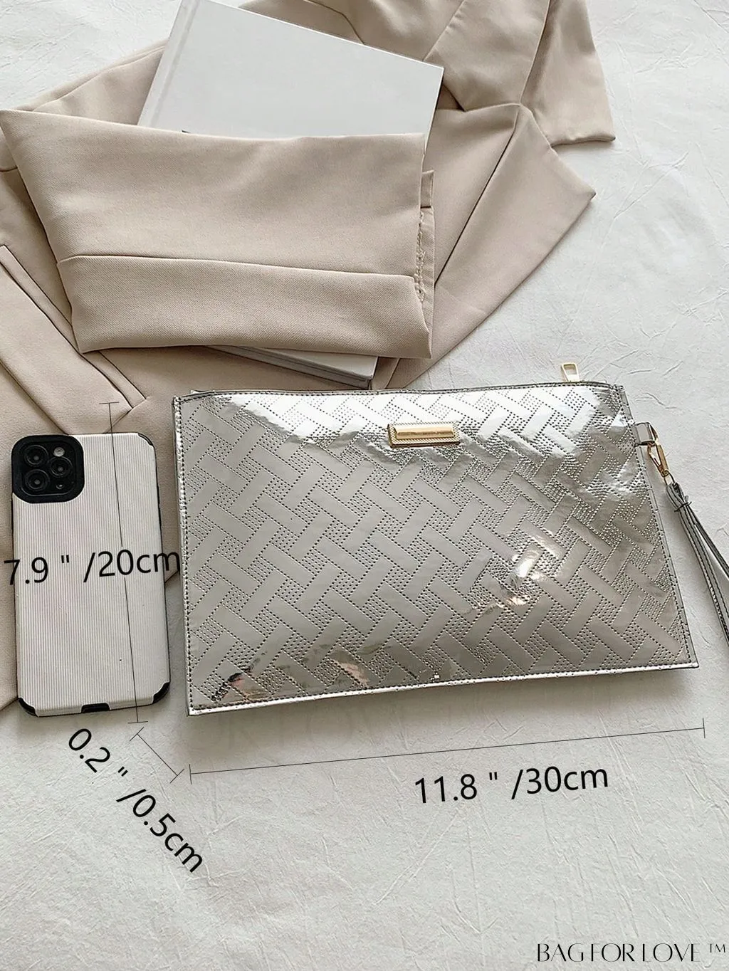 BagForLove - Geometric Embossed Metallic Clutch with Metal Decor and Zipper Closure