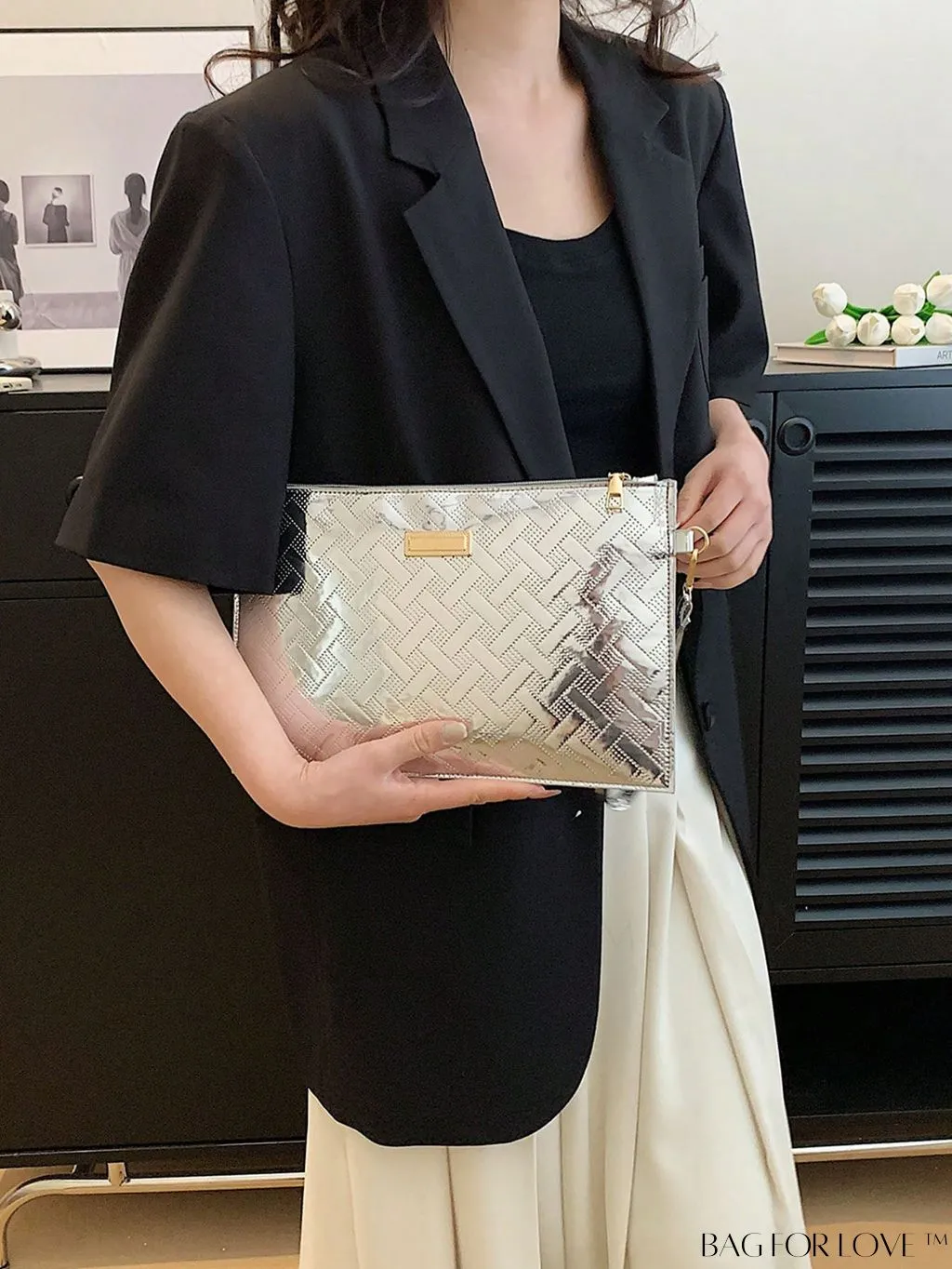 BagForLove - Geometric Embossed Metallic Clutch with Metal Decor and Zipper Closure