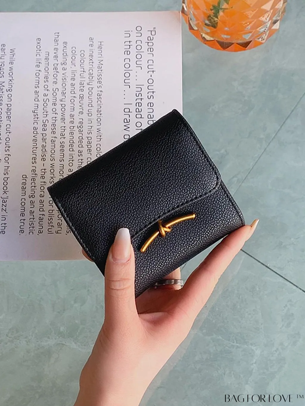 BagForLove - Litchi Embossed Gray Classic Card Holder with Metal Decor and Magnetic Closure