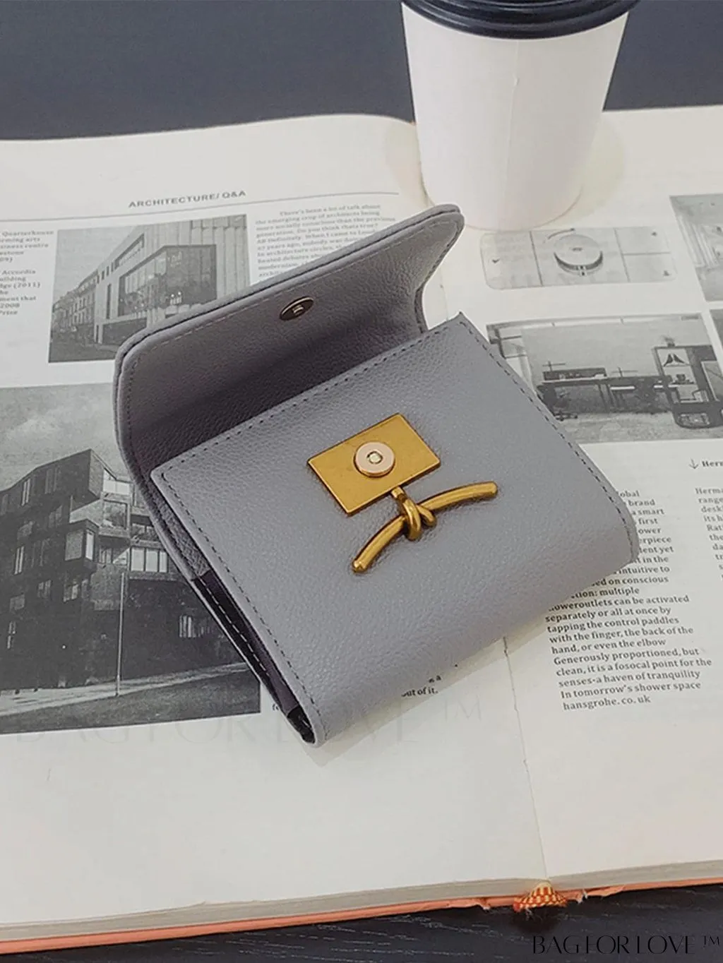 BagForLove - Litchi Embossed Gray Classic Card Holder with Metal Decor and Magnetic Closure