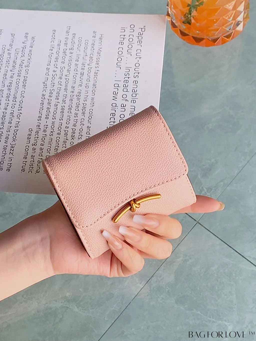 BagForLove - Litchi Embossed Gray Classic Card Holder with Metal Decor and Magnetic Closure