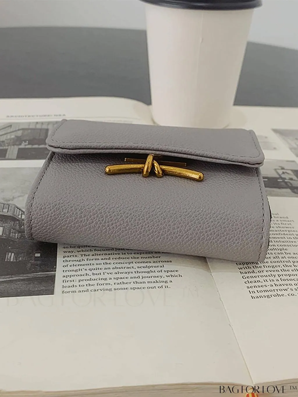 BagForLove - Litchi Embossed Gray Classic Card Holder with Metal Decor and Magnetic Closure